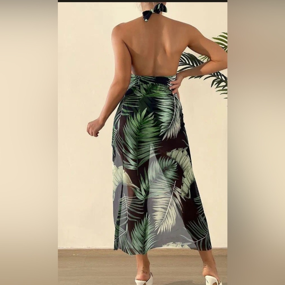 Tropical Halter One-Piece Swimsuit - Black & Green Leaf Print - Picture 3 of 7